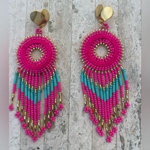 Handmade Colombian hot pink Beaded Statement Earrings - Light Weight!